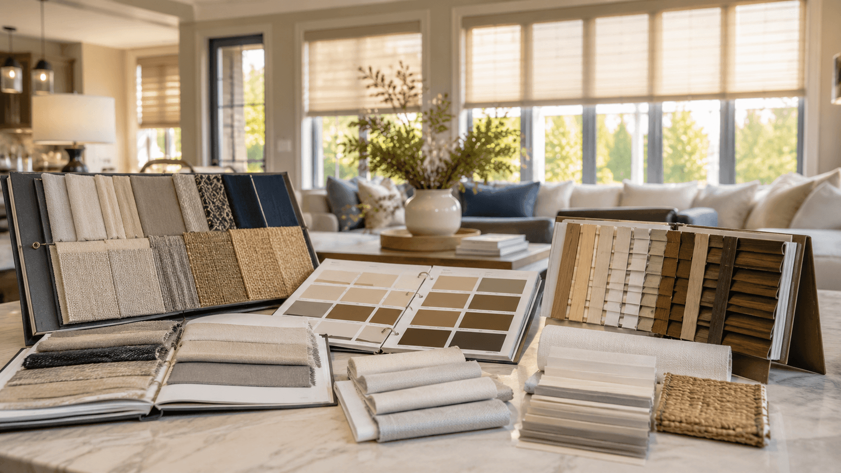 Fabric, color, and material samples laid out on a kitchen island during an in-home consultation