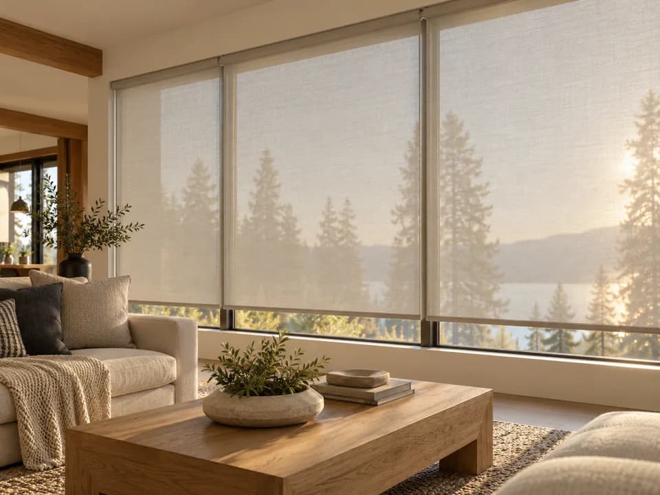 Solar roller shades softening afternoon sunlight in a warm living room