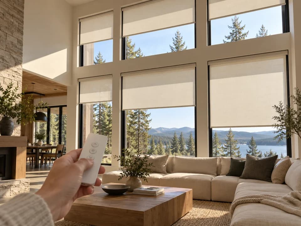 A handheld remote controlling roller shades on tall living room windows